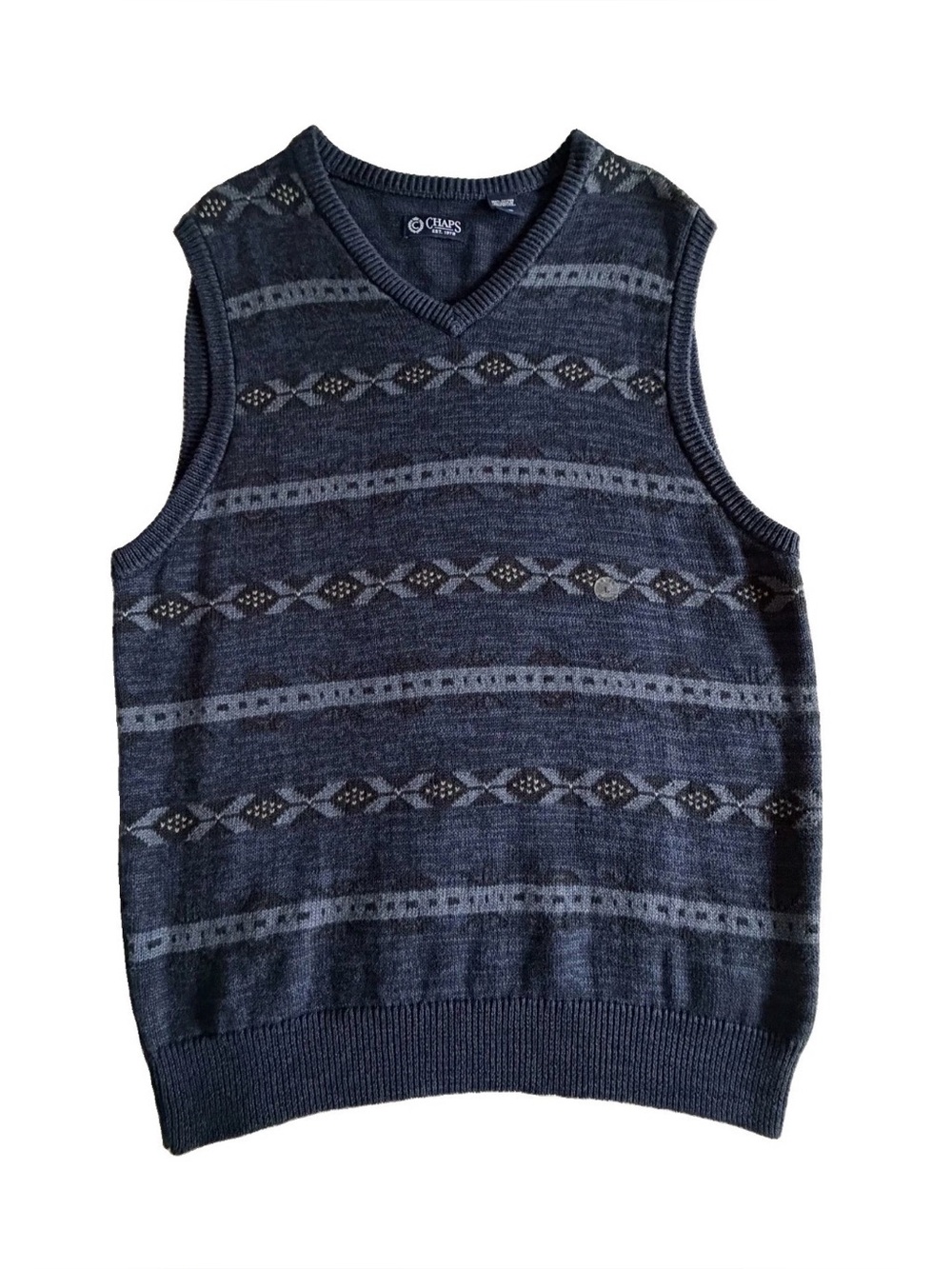 Chaps Sweater Vest Mens L Geometric Knit V Neck Cotton Golf Academia Preppy